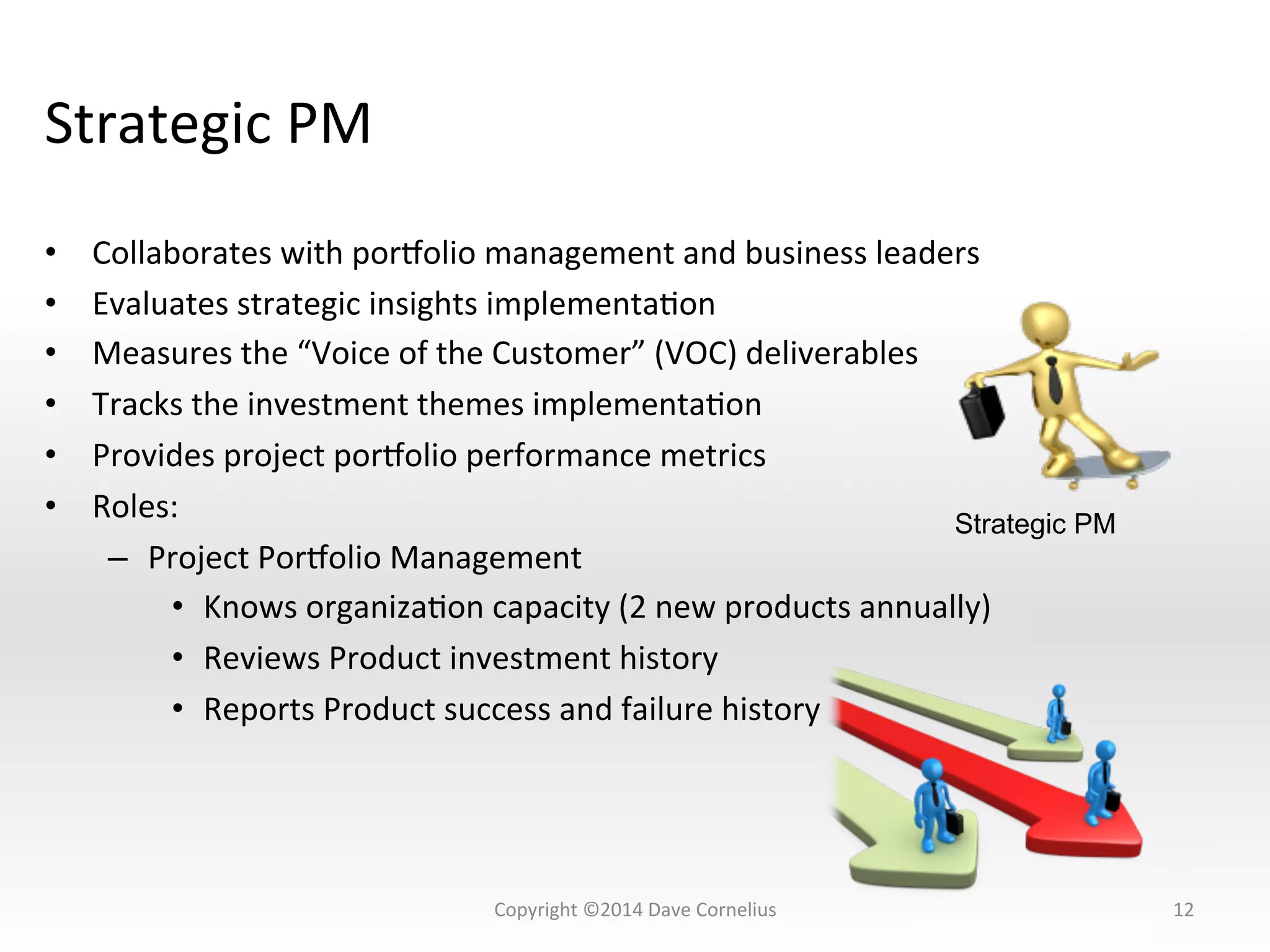 Strategic	
  PM	
  
•  Collaborates	
  with	
  pornolio	
  management	
  and	
  business	
  leaders	
  
•  Evaluates	
  strategic	
  insights	
  implementaNon	
  
•  Measures	
  the	
  “Voice	
  of	
  the	
  Customer”	
  (VOC)	
  deliverables	
  
•  Tracks	
  the	
  investment	
  themes	
  implementaNon	
  
•  Provides	
  project	
  pornolio	
  performance	
  metrics	
  
•  Roles:	
  
–  Project	
  Pornolio	
  Management	
  
•  Knows	
  organizaNon	
  capacity	
  (2	
  new	
  products	
  annually)	
  
•  Reviews	
  Product	
  investment	
  history	
  
•  Reports	
  Product	
  success	
  and	
  failure	
  history	
  
12	
  
Strategic PM
Copyright	
  ©2014	
  Dave	
  Cornelius	
  
 