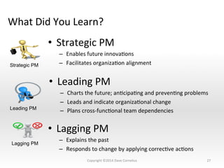 What	
  Did	
  You	
  Learn?	
  
27	
  
•  Strategic	
  PM	
  
–  Enables	
  future	
  innovaNons	
  
–  Facilitates	
  organizaNon	
  alignment	
  
•  Leading	
  PM	
  
–  Charts	
  the	
  future;	
  anNcipaNng	
  and	
  prevenNng	
  problems	
  
–  Leads	
  and	
  indicate	
  organizaNonal	
  change	
  
–  Plans	
  cross-­‐funcNonal	
  team	
  dependencies	
  
•  Lagging	
  PM	
  
–  Explains	
  the	
  past	
  
–  Responds	
  to	
  change	
  by	
  applying	
  correcNve	
  acNons	
  
Strategic PM
Leading PM
Lagging PM
Copyright	
  ©2014	
  Dave	
  Cornelius	
  
 