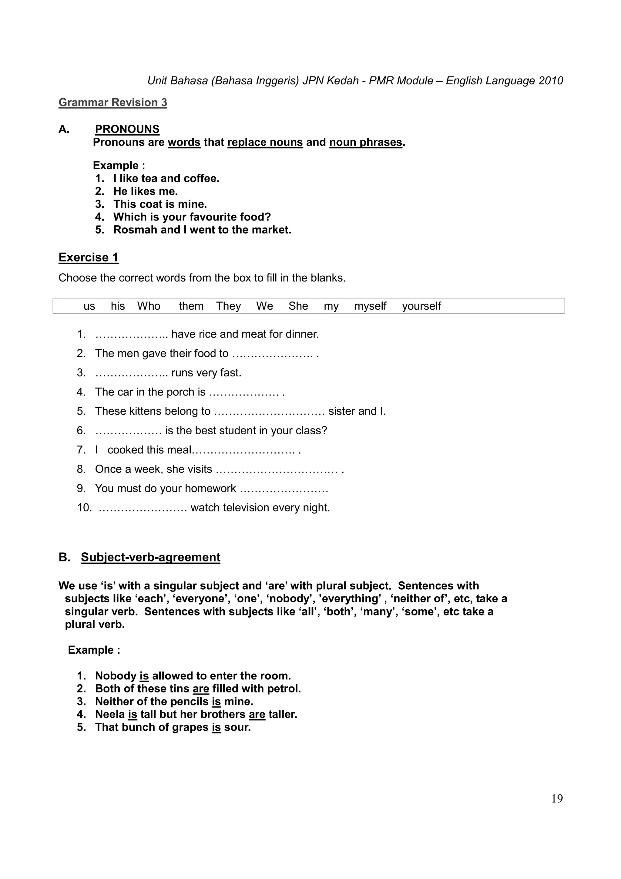 Unit Bahasa (Bahasa Inggeris) JPN Kedah - PMR Module – English Language 2010
19
Grammar Revision 3
A. PRONOUNS
Pronouns are words that replace nouns and noun phrases.
Example :
1. I like tea and coffee.
2. He likes me.
3. This coat is mine.
4. Which is your favourite food?
5. Rosmah and I went to the market.
Exercise 1
Choose the correct words from the box to fill in the blanks.
us his Who them They We She my myself yourself
1. ……………….. have rice and meat for dinner.
2. The men gave their food to …………………. .
3. ……………….. runs very fast.
4. The car in the porch is ………………. .
5. These kittens belong to ………………………… sister and I.
6. ……………… is the best student in your class?
7. I cooked this meal………………………. .
8. Once a week, she visits …………………………… .
9. You must do your homework ……………………
10. …………………… watch television every night.
B. Subject-verb-agreement
We use ‘is’ with a singular subject and ‘are’ with plural subject. Sentences with
subjects like ‘each’, ‘everyone’, ‘one’, ‘nobody’, ’everything’ , ‘neither of’, etc, take a
singular verb. Sentences with subjects like ‘all’, ‘both’, ‘many’, ‘some’, etc take a
plural verb.
Example :
1. Nobody is allowed to enter the room.
2. Both of these tins are filled with petrol.
3. Neither of the pencils is mine.
4. Neela is tall but her brothers are taller.
5. That bunch of grapes is sour.
 