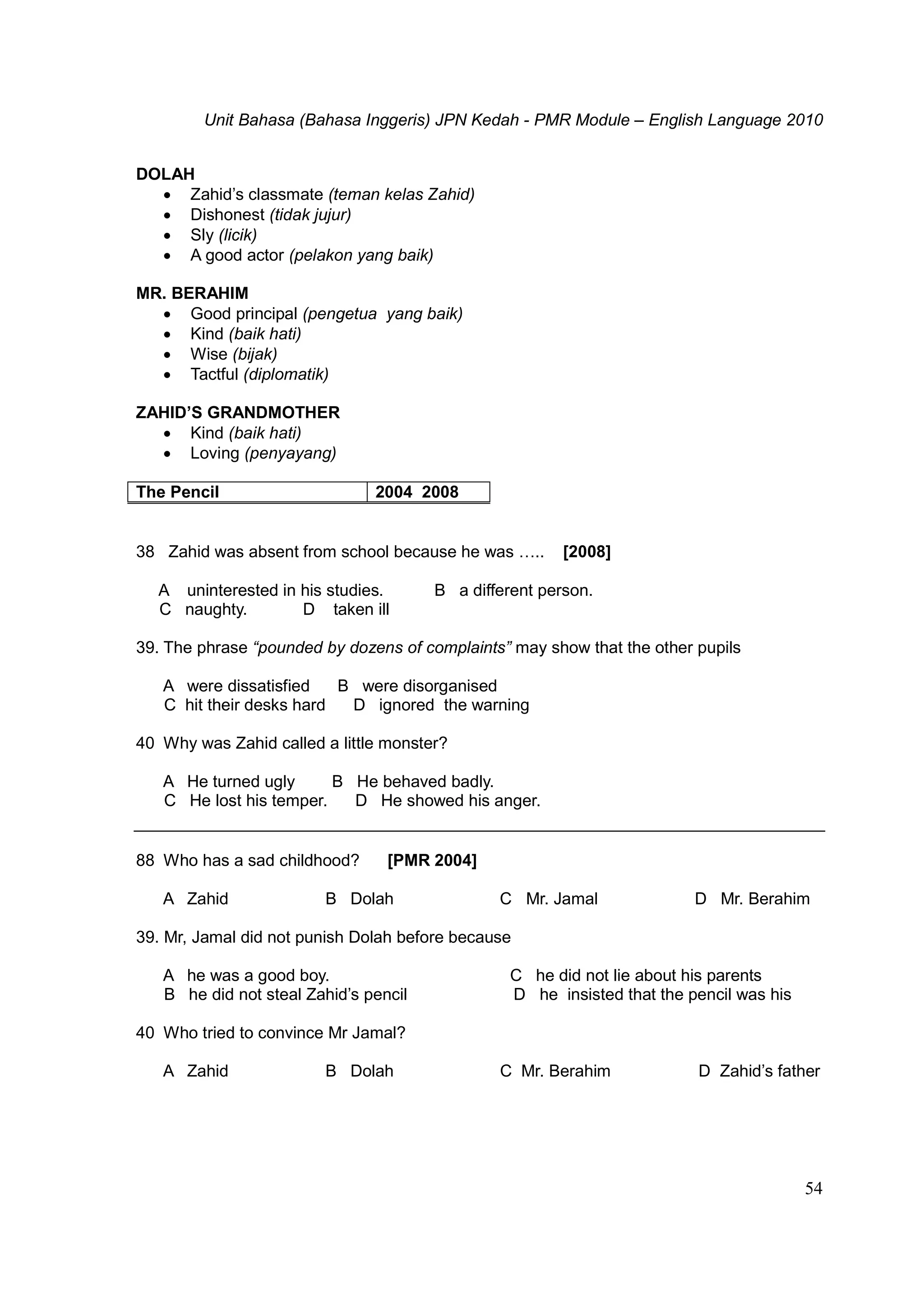 Unit Bahasa (Bahasa Inggeris) JPN Kedah - PMR Module – English Language 2010
54
DOLAH
 Zahid’s classmate (teman kelas Zahid)
 Dishonest (tidak jujur)
 Sly (licik)
 A good actor (pelakon yang baik)
MR. BERAHIM
 Good principal (pengetua yang baik)
 Kind (baik hati)
 Wise (bijak)
 Tactful (diplomatik)
ZAHID’S GRANDMOTHER
 Kind (baik hati)
 Loving (penyayang)
The Pencil 2004 2008
38 Zahid was absent from school because he was ….. [2008]
A uninterested in his studies. B a different person.
C naughty. D taken ill
39. The phrase “pounded by dozens of complaints” may show that the other pupils
A were dissatisfied B were disorganised
C hit their desks hard D ignored the warning
40 Why was Zahid called a little monster?
A He turned ugly B He behaved badly.
C He lost his temper. D He showed his anger.
88 Who has a sad childhood? [PMR 2004]
A Zahid B Dolah C Mr. Jamal D Mr. Berahim
39. Mr, Jamal did not punish Dolah before because
A he was a good boy. C he did not lie about his parents
B he did not steal Zahid’s pencil D he insisted that the pencil was his
40 Who tried to convince Mr Jamal?
A Zahid B Dolah C Mr. Berahim D Zahid’s father
 