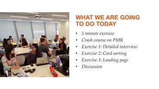 5 MINUTE EXERCISE
• Name
• What they do
• What does “PMR” mean to them
• What PMR have they done in the past,
and for what...