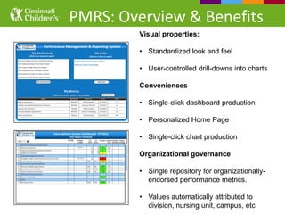 PMRS: Overview & Benefits
         Visual properties:

         • Standardized look and feel

         • User-controlled drill-downs into charts

         Conveniences

         • Single-click dashboard production.

         • Personalized Home Page

         • Single-click chart production

         Organizational governance

         • Single repository for organizationally-
           endorsed performance metrics.

         • Values automatically attributed to
           division, nursing unit, campus, etc
 
