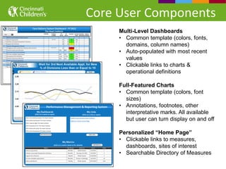 Core User Components
     Multi-Level Dashboards
     • Common template (colors, fonts,
       domains, column names)
     • Auto-populated with most recent
       values
     • Clickable links to charts &
       operational definitions

     Full-Featured Charts
     • Common template (colors, font
       sizes)
     • Annotations, footnotes, other
       interpretative marks. All available
       but user can turn display on and off

     Personalized “Home Page”
     • Clickable links to measures,
       dashboards, sites of interest
     • Searchable Directory of Measures
 