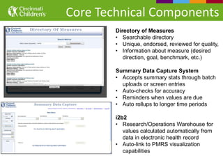Core Technical Components
        Directory of Measures
        • Searchable directory
        • Unique, endorsed, reviewed for quality,
        • Information about measure (desired
           direction, goal, benchmark, etc.)

        Summary Data Capture System
        • Accepts summary stats through batch
          uploads or screen entries
        • Auto-checks for accuracy
        • Reminders when values are due
        • Auto rollups to longer time periods

        i2b2
        • Research/Operations Warehouse for
           values calculated automatically from
           data in electronic health record
        • Auto-link to PMRS visualization
           capabilities
 