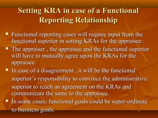 Setting KRA in case of a FunctionalSetting KRA in case of a Functional
Reporting RelationshipReporting Relationship
 Functional reporting cases will require input from theFunctional reporting cases will require input from the
functional superior in setting KRAs for the appraisee.functional superior in setting KRAs for the appraisee.
 The appraiser , the appraisee and the functional superiorThe appraiser , the appraisee and the functional superior
will have to mutually agree upon the KRAs for thewill have to mutually agree upon the KRAs for the
appraisee.appraisee.
 In case of a disagreement , it will be the functionalIn case of a disagreement , it will be the functional
superior’s responsibility to convince the administrativesuperior’s responsibility to convince the administrative
superior to reach an agreement on the KRAs andsuperior to reach an agreement on the KRAs and
communicate the same to the appraisee.communicate the same to the appraisee.
 In some cases, functional goals could be super-ordinateIn some cases, functional goals could be super-ordinate
to business goals.to business goals.
 