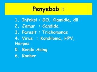 Penyebab :
1. Infeksi : GO, Clamidia, dll
2. Jamur : Candida
3. Parasit : Trichomonas
4. Virus : Kondiloma, HPV,
Herpes
5. Benda Asing
6. Kanker
 