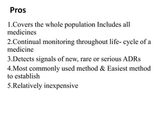 Pros
1.Covers the whole population Includes all
medicines
2.Continual monitoring throughout life- cycle of a
medicine
3.Detects signals of new, rare or serious ADRs
4.Most commonly used method & Easiest method
to establish
5.Relatively inexpensive
 