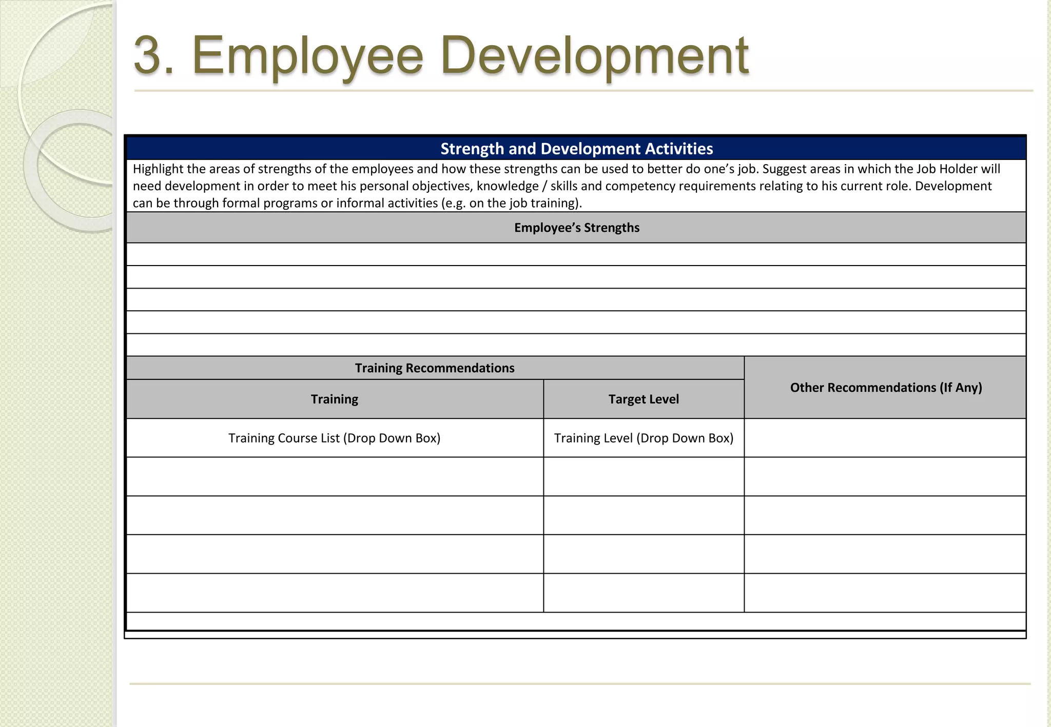 3. Employee Development
Strength and Development Activities
Highlight the areas of strengths of the employees and how these strengths can be used to better do one’s job. Suggest areas in which the Job Holder will
need development in order to meet his personal objectives, knowledge / skills and competency requirements relating to his current role. Development
can be through formal programs or informal activities (e.g. on the job training).
Employee’s Strengths
Training Recommendations
Other Recommendations (If Any)
Training Target Level
Training Course List (Drop Down Box) Training Level (Drop Down Box)
 