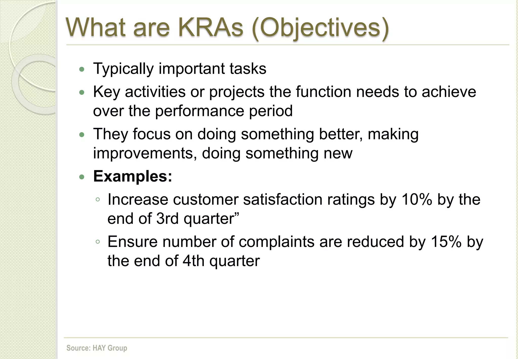 What are KRAs (Objectives)
 Typically important tasks
 Key activities or projects the function needs to achieve
over the performance period
 They focus on doing something better, making
improvements, doing something new
 Examples:
◦ Increase customer satisfaction ratings by 10% by the
end of 3rd quarter”
◦ Ensure number of complaints are reduced by 15% by
the end of 4th quarter
Source: HAY Group
 