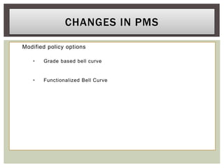 Modified policy options
• Grade based bell curve
• Functionalized Bell Curve
CHANGES IN PMS
 