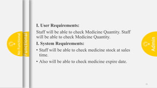 Admin
21
I. User Requirements:
Staff will be able to check Medicine Quantity. Staff
will be able to check Medicine Quantity.
I. System Requirements:
• Staff will be able to check medicine stock at sales
time.
• Also will be able to check medicine expire date.
Functional
No
Functional
 