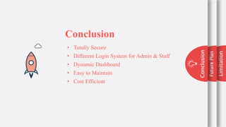 Limitation
49
49
Future
Plan
Conclusion
Conclusion
• Totally Secure
• Different Login System for Admin & Staff
• Dynamic Dashboard
• Easy to Maintain
• Cost Efficient
 