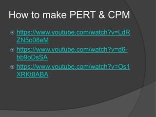 How to make PERT & CPM
 https://www.youtube.com/watch?v=LdR
ZN5o08eM
 https://www.youtube.com/watch?v=d6-
bb9oDsSA
 https://www.youtube.com/watch?v=Os1
XRKt8ABA
 