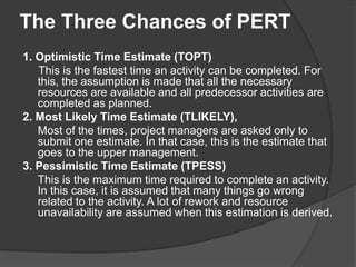 The Three Chances of PERT
1. Optimistic Time Estimate (TOPT)
This is the fastest time an activity can be completed. For
this, the assumption is made that all the necessary
resources are available and all predecessor activities are
completed as planned.
2. Most Likely Time Estimate (TLIKELY),
Most of the times, project managers are asked only to
submit one estimate. In that case, this is the estimate that
goes to the upper management.
3. Pessimistic Time Estimate (TPESS)
This is the maximum time required to complete an activity.
In this case, it is assumed that many things go wrong
related to the activity. A lot of rework and resource
unavailability are assumed when this estimation is derived.
 