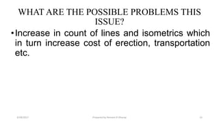 WHAT ARE THE POSSIBLE PROBLEMS THIS
ISSUE?
•Increase in count of lines and isometrics which
in turn increase cost of erection, transportation
etc.
3/28/2017 Prepared by Hemant R Dharap 12
 
