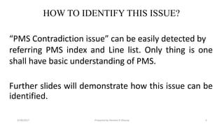 HOW TO IDENTIFY THIS ISSUE?
“PMS Contradiction issue” can be easily detected by
referring PMS index and Line list. Only thing is one
shall have basic understanding of PMS.
Further slides will demonstrate how this issue can be
identified.
3/28/2017 Prepared by Hemant R Dharap 5
 