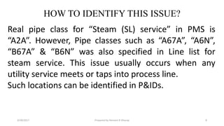 HOW TO IDENTIFY THIS ISSUE?
3/28/2017 Prepared by Hemant R Dharap 8
Real pipe class for “Steam (SL) service” in PMS is
“A2A”. However, Pipe classes such as “A67A”, “A6N”,
“B67A” & “B6N” was also specified in Line list for
steam service. This issue usually occurs when any
utility service meets or taps into process line.
Such locations can be identified in P&IDs.
 