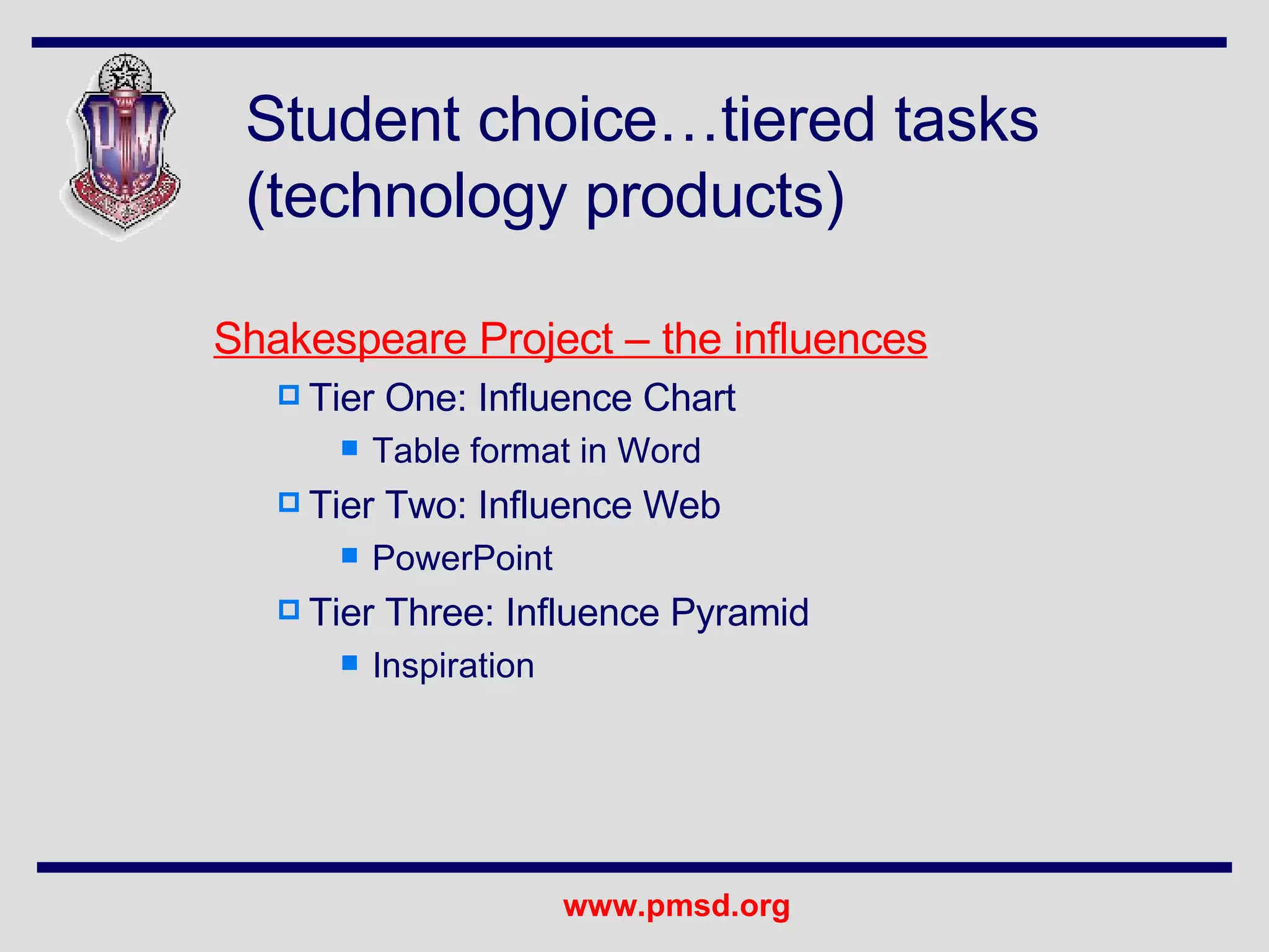 Student choice…tiered tasks (technology products) Shakespeare Project – the influences Tier One: Influence Chart Table format in Word Tier Two: Influence Web PowerPoint Tier Three: Influence Pyramid Inspiration 