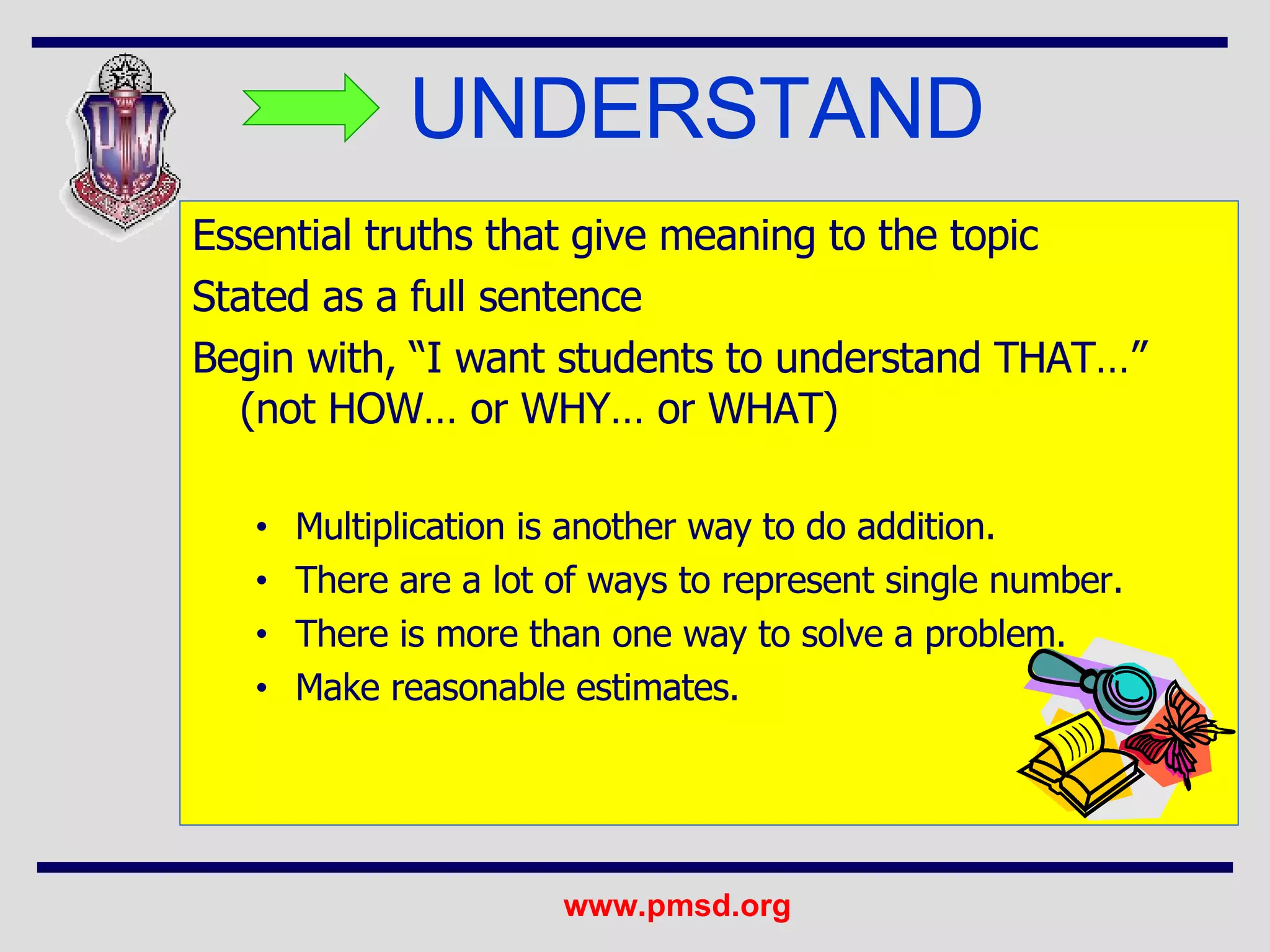 UNDERSTAND Essential truths that give meaning to the topic  Stated as a full sentence  Begin with, “I want students to understand THAT…” (not HOW… or WHY… or WHAT) Multiplication is another way to do addition. There are a lot of ways to represent single number. There is more than one way to solve a problem. Make reasonable estimates. 