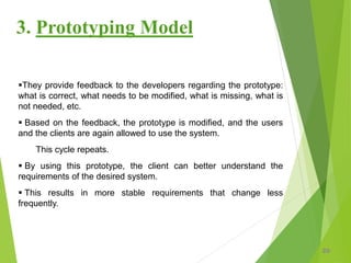 They provide feedback to the developers regarding the prototype:
what is correct, what needs to be modified, what is missing, what is
not needed, etc.
 Based on the feedback, the prototype is modified, and the users
and the clients are again allowed to use the system.
This cycle repeats.
 By using this prototype, the client can better understand the
requirements of the desired system.
 This results in more stable requirements that change less
frequently.
20
3. Prototyping Model
 