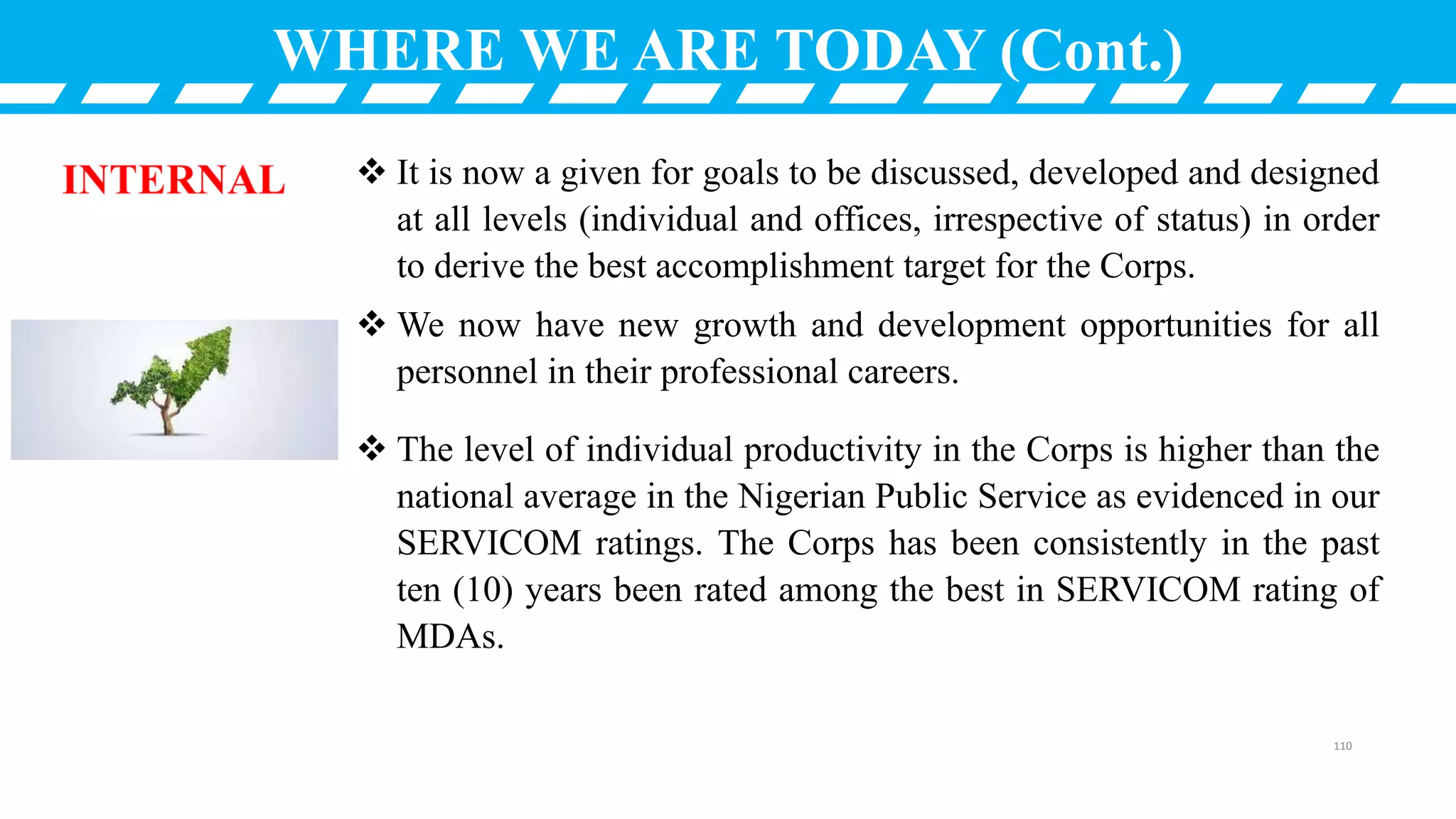 WHERE WE ARE TODAY (Cont.)
 It is now a given for goals to be discussed, developed and designed
at all levels (individual and offices, irrespective of status) in order
to derive the best accomplishment target for the Corps.
 We now have new growth and development opportunities for all
personnel in their professional careers.
 The level of individual productivity in the Corps is higher than the
national average in the Nigerian Public Service as evidenced in our
SERVICOM ratings. The Corps has been consistently in the past
ten (10) years been rated among the best in SERVICOM rating of
MDAs.
110
 