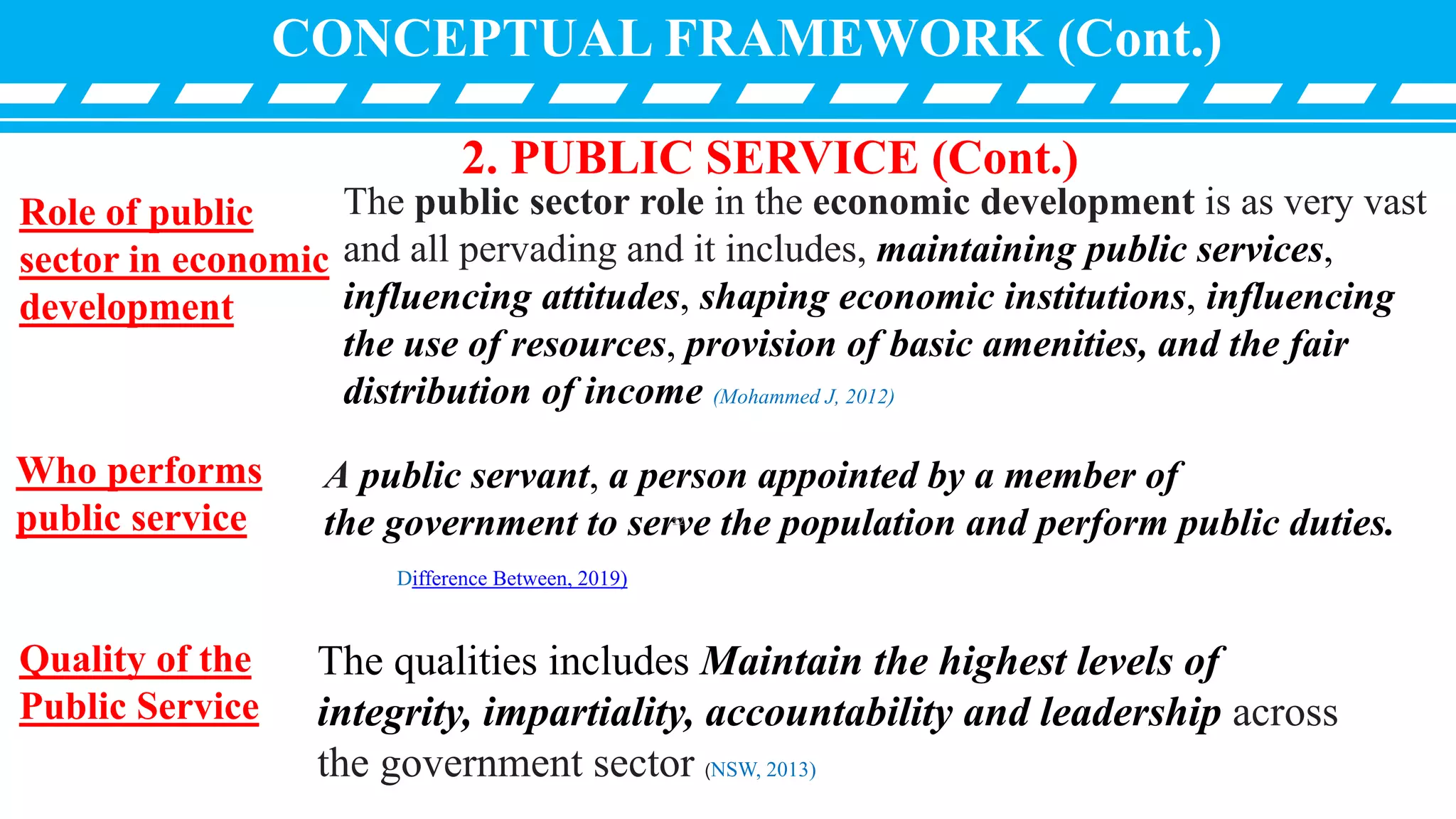 CONCEPTUAL FRAMEWORK (Cont.)
2. PUBLIC SERVICE (Cont.)
A public servant, a person appointed by a member of
the government to serve the population and perform public duties.
Difference Between, 2019)
Who performs
public service
Quality of the
Public Service
The qualities includes Maintain the highest levels of
integrity, impartiality, accountability and leadership across
the government sector (NSW, 2013)
Role of public
sector in economic
development
The public sector role in the economic development is as very vast
and all pervading and it includes, maintaining public services,
influencing attitudes, shaping economic institutions, influencing
the use of resources, provision of basic amenities, and the fair
distribution of income (Mohammed J, 2012)
12
 