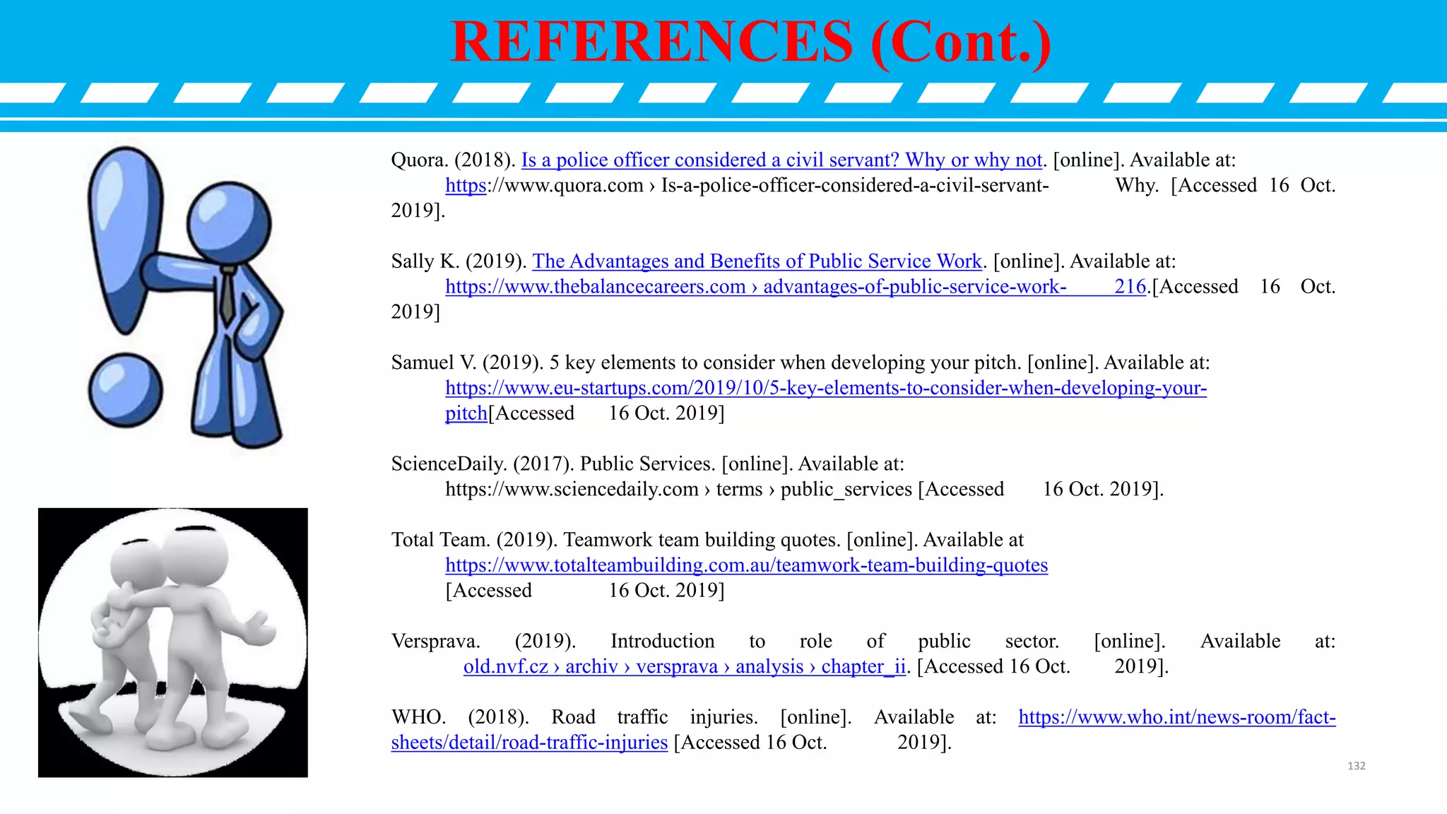 REFERENCES (Cont.)
Quora. (2018). Is a police officer considered a civil servant? Why or why not. [online]. Available at:
https://www.quora.com › Is-a-police-officer-considered-a-civil-servant- Why. [Accessed 16 Oct.
2019].
Sally K. (2019). The Advantages and Benefits of Public Service Work. [online]. Available at:
https://www.thebalancecareers.com › advantages-of-public-service-work- 216.[Accessed 16 Oct.
2019]
Samuel V. (2019). 5 key elements to consider when developing your pitch. [online]. Available at:
https://www.eu-startups.com/2019/10/5-key-elements-to-consider-when-developing-your-
pitch[Accessed 16 Oct. 2019]
ScienceDaily. (2017). Public Services. [online]. Available at:
https://www.sciencedaily.com › terms › public_services [Accessed 16 Oct. 2019].
Total Team. (2019). Teamwork team building quotes. [online]. Available at
https://www.totalteambuilding.com.au/teamwork-team-building-quotes
[Accessed 16 Oct. 2019]
Versprava. (2019). Introduction to role of public sector. [online]. Available at:
old.nvf.cz › archiv › versprava › analysis › chapter_ii. [Accessed 16 Oct. 2019].
WHO. (2018). Road traffic injuries. [online]. Available at: https://www.who.int/news-room/fact-
sheets/detail/road-traffic-injuries [Accessed 16 Oct. 2019].
132
 