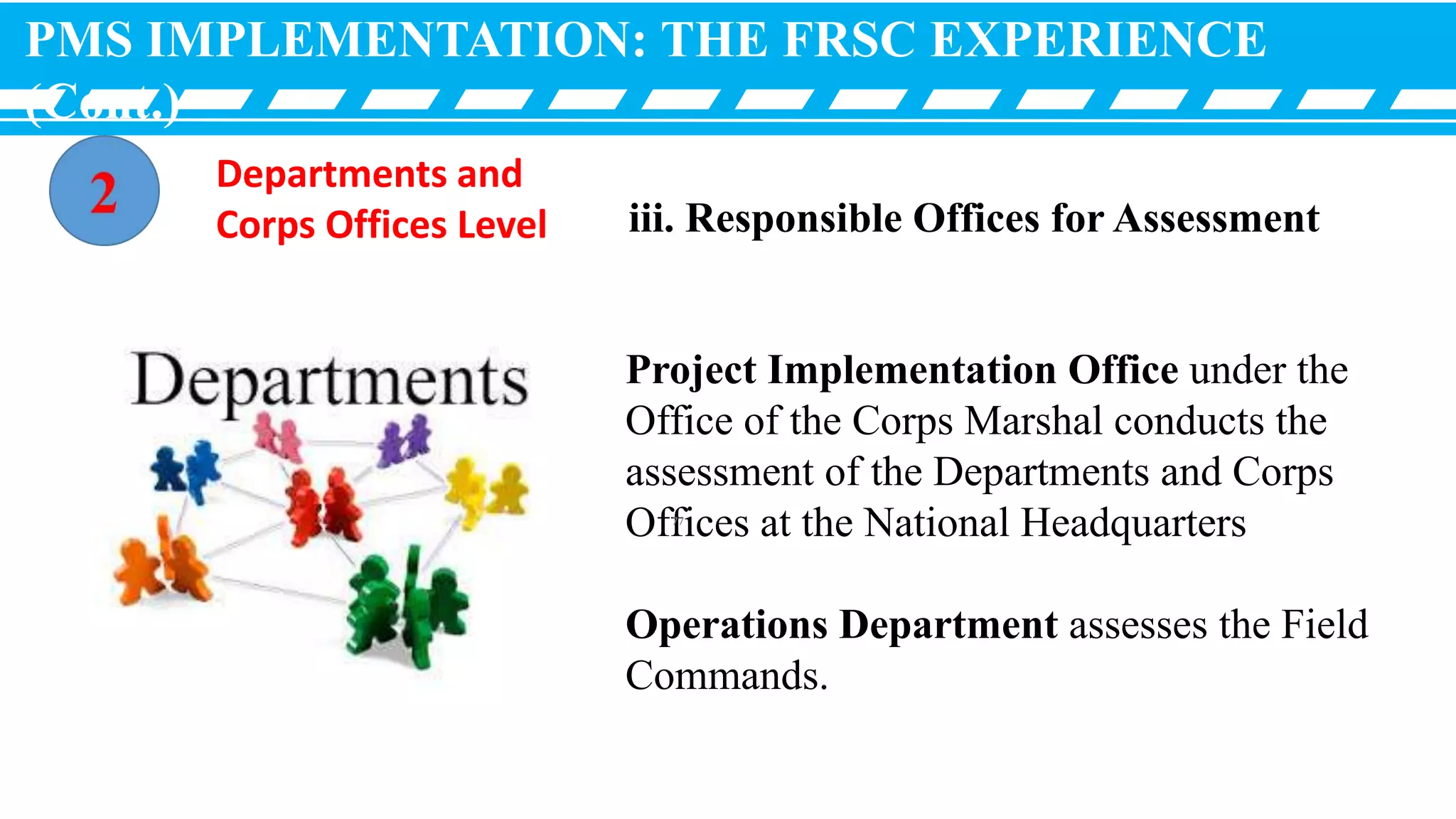 Project Implementation Office under the
Office of the Corps Marshal conducts the
assessment of the Departments and Corps
Offices at the National Headquarters
Operations Department assesses the Field
Commands.
iii. Responsible Offices for Assessment
PMS IMPLEMENTATION: THE FRSC EXPERIENCE
(Cont.)
Departments and
Corps Offices Level
77
 