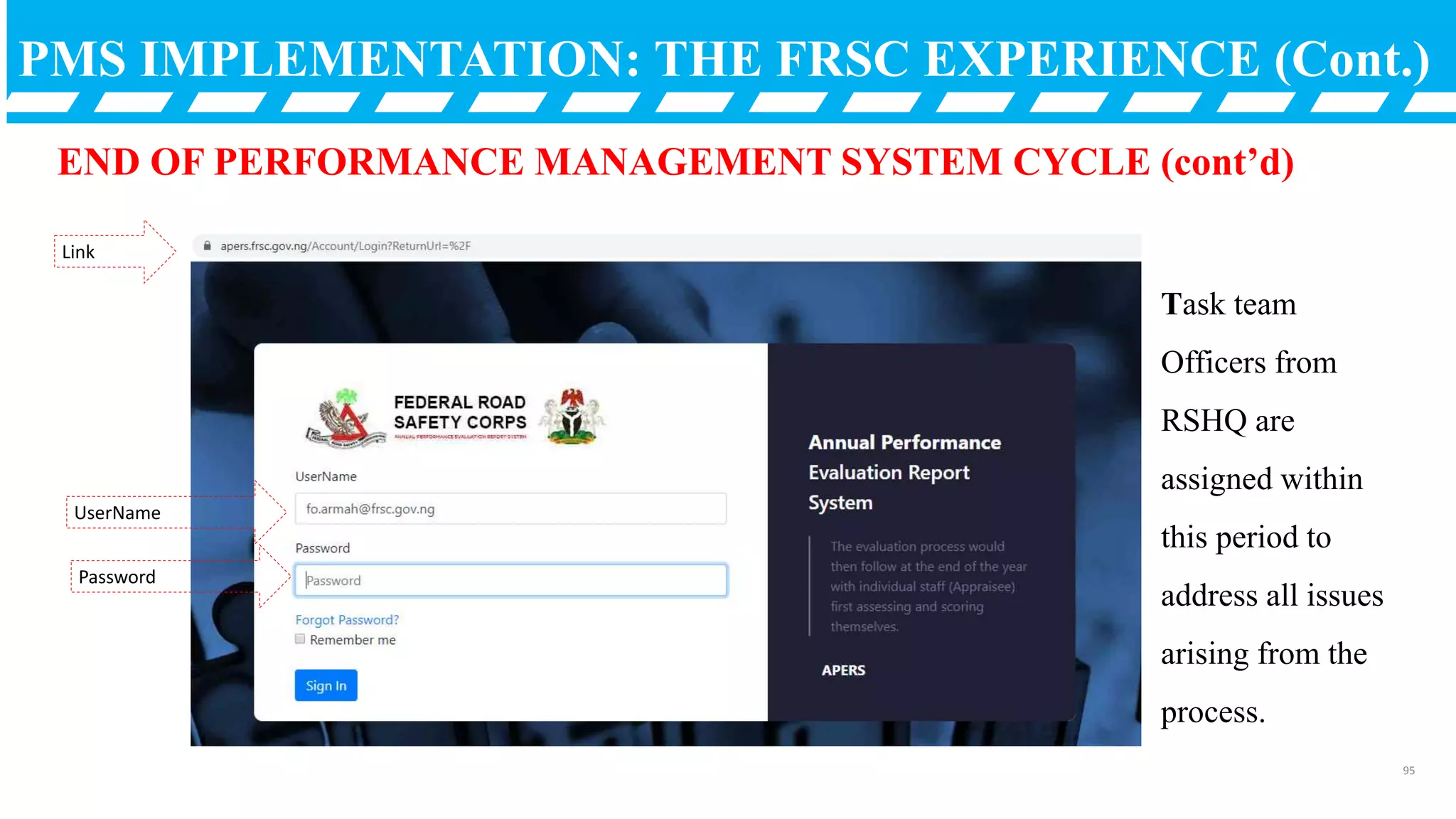 PMS IMPLEMENTATION: THE FRSC EXPERIENCE (Cont.)
END OF PERFORMANCE MANAGEMENT SYSTEM CYCLE (cont’d)
Task team
Officers from
RSHQ are
assigned within
this period to
address all issues
arising from the
process.
Link
Password
UserName
95
 