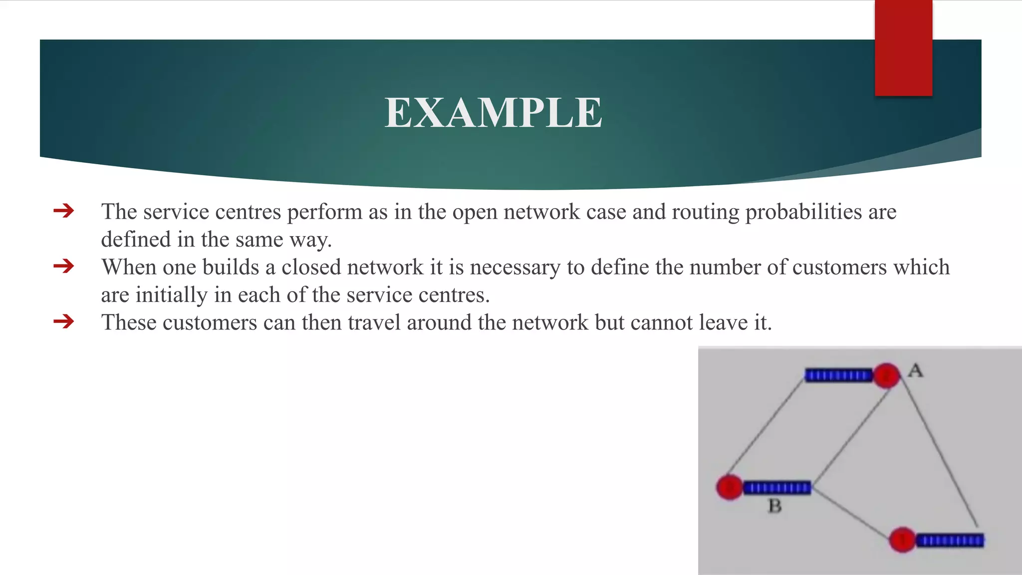 EXAMPLE
➔ The service centres perform as in the open network case and routing probabilities are
defined in the same way.
➔ When one builds a closed network it is necessary to define the number of customers which
are initially in each of the service centres.
➔ These customers can then travel around the network but cannot leave it.
 