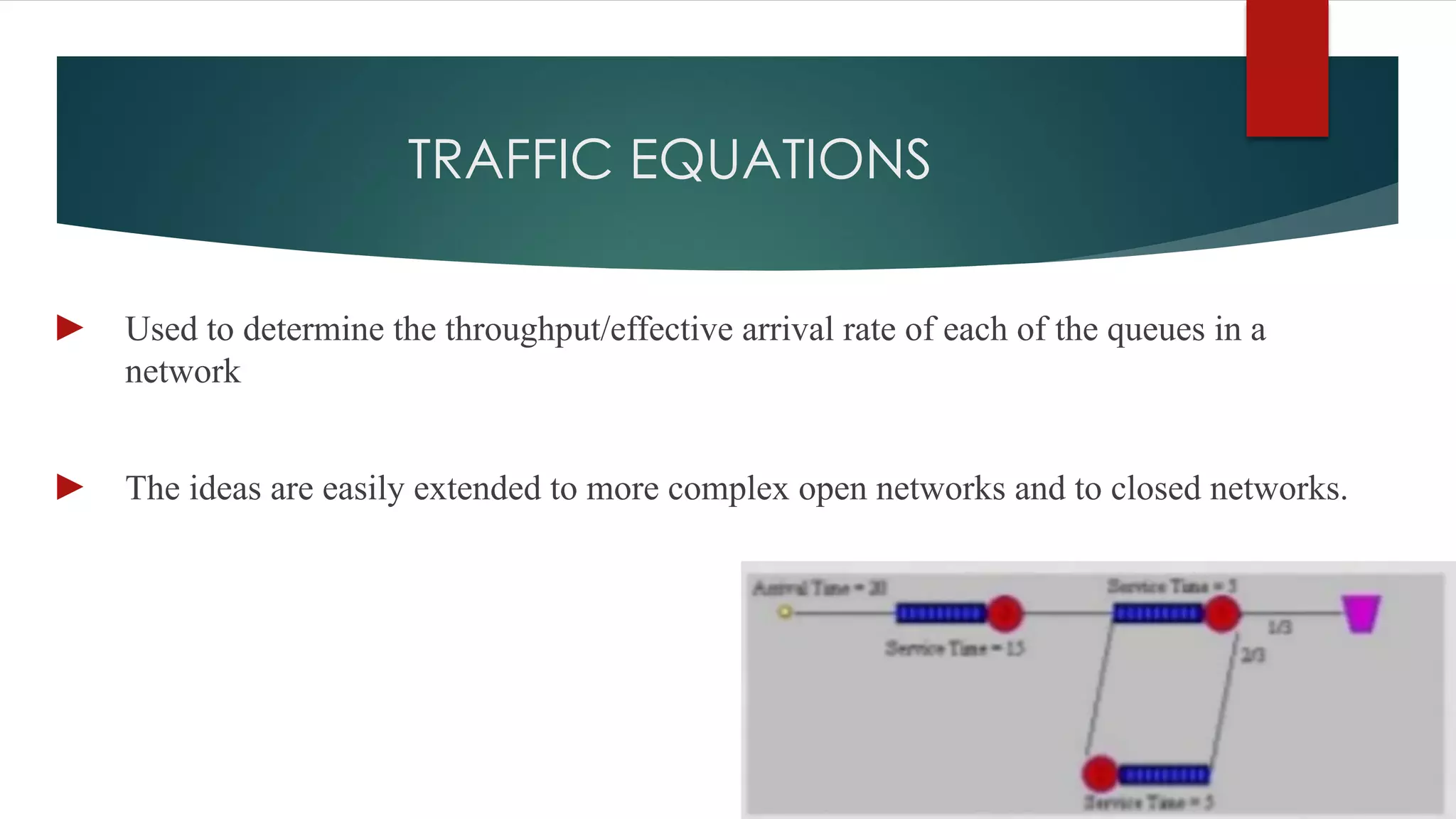 TRAFFIC EQUATIONS
► Used to determine the throughput/effective arrival rate of each of the queues in a
network
► The ideas are easily extended to more complex open networks and to closed networks.
 