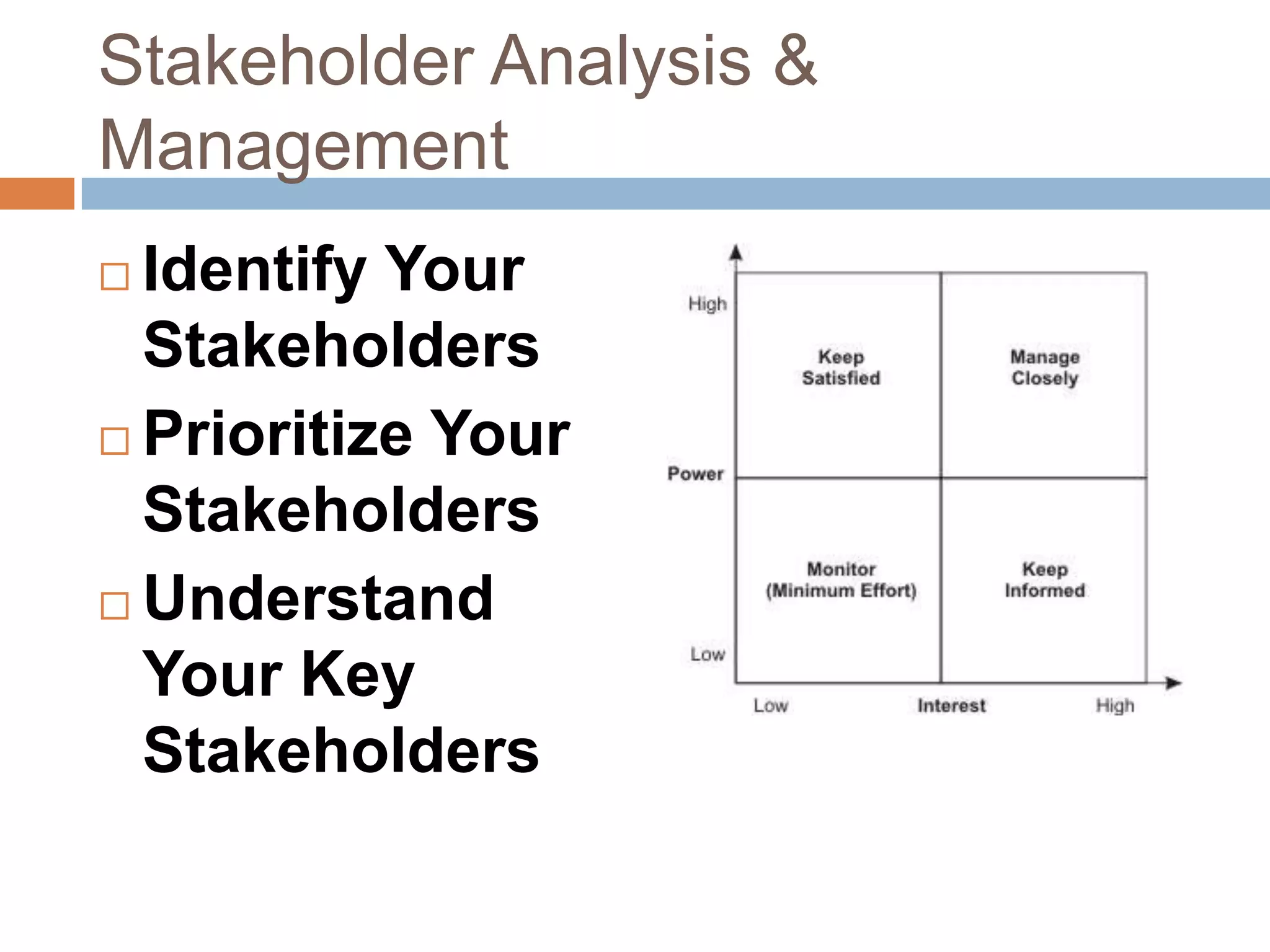 Stakeholder Analysis &
Management
 Identify Your
  Stakeholders
 Prioritize Your
  Stakeholders
 Understand
  Your Key
  Stakeholders
 