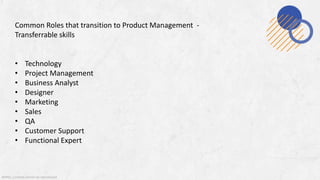 @MSS. Content cannot be reproduced
Common Roles that transition to Product Management -
Transferrable skills
• Technology
• Project Management
• Business Analyst
• Designer
• Marketing
• Sales
• QA
• Customer Support
• Functional Expert
 