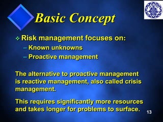 13 
Basic Concept 
 Risk management focuses on: 
– Known unknowns 
– Proactive management 
The alternative to proactive management 
is reactive management, also called crisis 
management. 
This requires significantly more resources 
and takes longer for problems to surface. 
 
