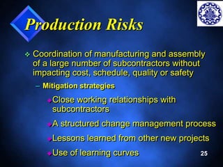 25 
Production Risks 
 Coordination of manufacturing and assembly 
of a large number of subcontractors without 
impacting cost, schedule, quality or safety 
– Mitigation strategies 
Close working relationships with 
subcontractors 
A structured change management process 
Lessons learned from other new projects 
Use of learning curves 
 