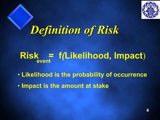 4 
Definition of Risk 
Risk = f(Likelihood, Impact) 
event 
• Likelihood is the probability of occurrence 
• Impact is the amount at stake 
 