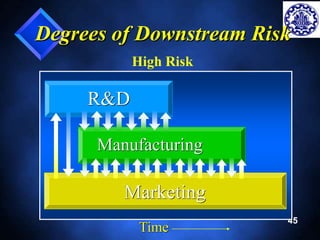 Degrees of Downstream Risk 
45 
R&D 
High Risk 
Manufacturing 
Marketing 
Time 
 
