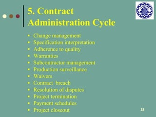 38 
5. Contract 
Administration Cycle 
 Change management 
 Specification interpretation 
 Adherence to quality 
 Warranties 
 Subcontractor management 
 Production surveillance 
 Waivers 
 Contract breach 
 Resolution of disputes 
 Project termination 
 Payment schedules 
 Project closeout 
 