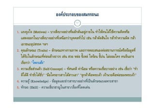 องค์ประกอบของสมรรถนะ
                                               17

1. แรงจูงใ (Motives) – บางสิงบางอย่างที่ผลักดันอยู่ภายใน ทําให้คนได้ใช้ความคิดหรือ
           ใจ                    ่        ี                   ใ ใ ้ ไ ้ ้               ื
   แสดงออกในบางสิงบางอย่างที่เหนื อกว่าบุคคลทัวไป เช่น กล้าตัดสินใจ กล้าทําความผิด กล้า
                         ่                       ่
   เอาชนะอุปสรรค ฯลฯ
2. คุณลักษณะ (Traits) – ลักษณะทางกายภาพ และการตอบสนองต่อสถานการณ์หรือข้อมูลที่
   ไ รบใ กษณะที่ค่อนข้างถาวร เช่น สวย หล่อ ขี้ ีเหล่ ใ อน ขี้ ีบ่น ไ ยอมใคร คนจีนอาจ
   ได้้ ั ในลั         ี     ้                            ใจร้้        ไม่ ใ         ี
   เรียกว่า “โหงวเฮ้ง”
3. ความเชื่ือส่วนตัว (Self-Concept) – ทัศนคติ ค่านิ ยม หรือความเชื่ือบางอย่าง เช่น เชื่ือว่า “ทํา
                    ั                   ั                      ื                                ํ
   ดีได้ดี ทําชัวได้ชว” “มือใครยาวสาวได้สาวเอา” “ลูกค้าคือพระเจ้า เจ้านายคือพ่อของพระเจ้า”
                ่ ั่
4. ความรู ้ (Knowledge) - ข้อมูลและข่่าวสารบางอย่่างที่เี ป็็ นลักษณะเฉพาะสาขา
                               ้                                 ั
5. ทักษะ (Skill) - ความเชี่ยวชาญในสาขา/เรื่องที่โดดเด่น
 