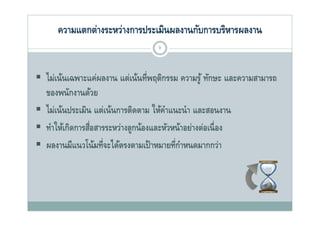 ความแตกต่างระหว่างการประเมินผลงานกับการบริหารผลงาน
                                   9



 ไม่เน้นเฉพาะแค่ผลงาน แต่เน้นที่พฤติกรรม ความรู ้ ทักษะ และความสามารถ
  ของพนักงานด้วย
 ไม่เน้นประเมิน แตเนนการตดตาม ใหคาแนะนา และสอนงาน
  ไมเนนประเมน แต่เน้นการติดตาม ให้คาแนะนํ า
                                       ํ
 ทําให้เกิดการสือสารระหว่างลูกน้องและหัวหน้าอย่างต่อเนื่ อง
                ่
 ผลงานมีแนวโน้มที่จะได้ตรงตามเป้ าหมายที่กาหนดมากกว่า
                                            ํ
 