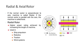 Radial & AxialRotor
If the normal vector is perpendicular to
axis, machine is called Radial. If the
normal vector is parallel with the axis, the
machine is calledAxial.
Radial Rotor
 Higher power rating achieved by
increasing the length of machine.
 Used in
 Ship propulsion
 Robotics
 Traction
 Wind systems
 