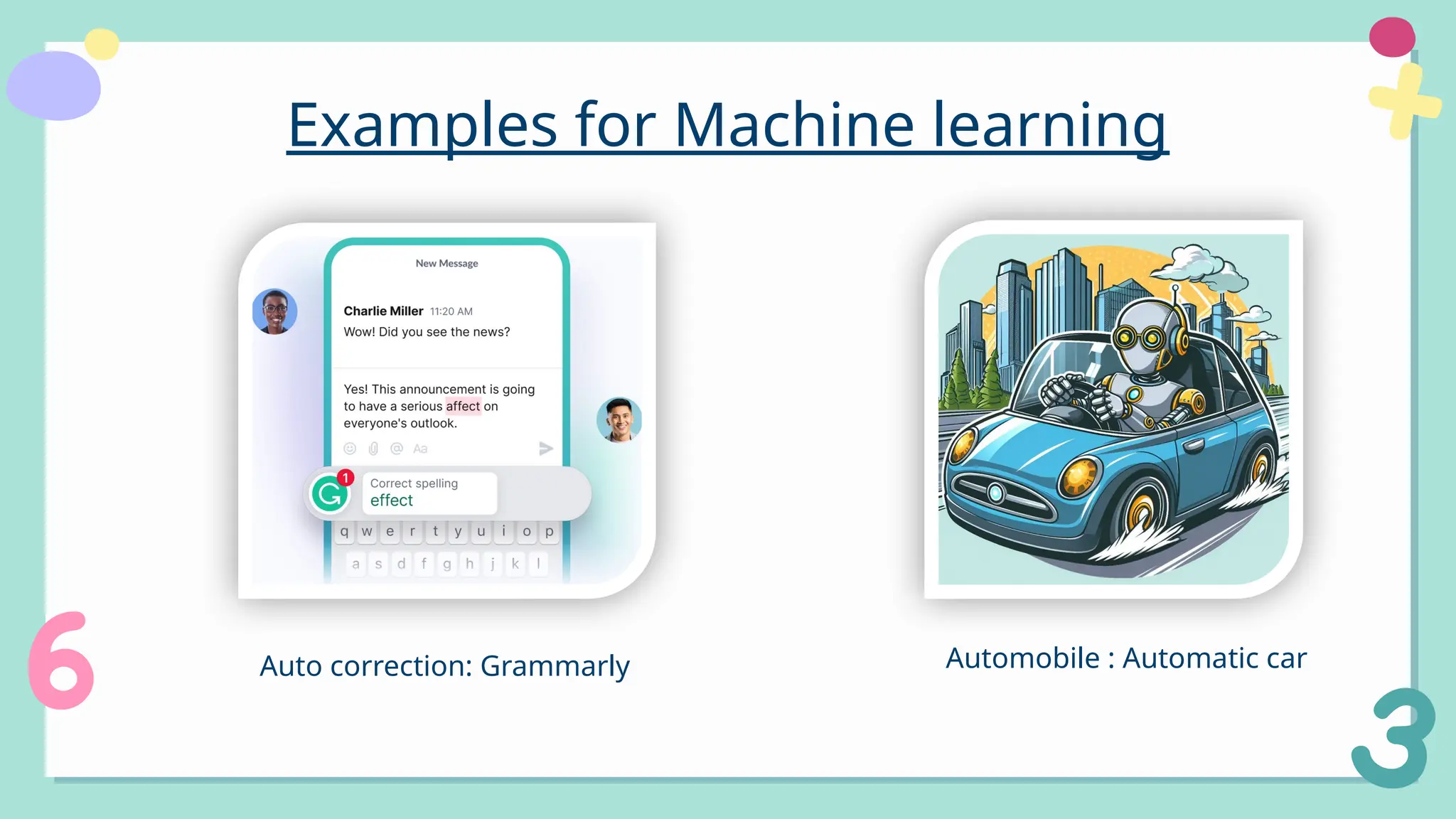 Examples for Machine learning
Automobile : Automatic car
Auto correction: Grammarly
 