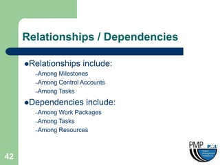Relationships / Dependencies

     Relationships include:
       –Among Milestones
       –Among Control Accounts
       –Among Tasks

     Dependencies include:
       –Among Work Packages
       –Among Tasks
       –Among Resources




42
 