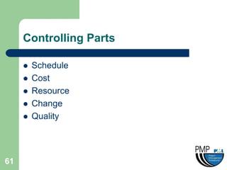 Controlling Parts

        Schedule
        Cost
        Resource
        Change
        Quality




61
 