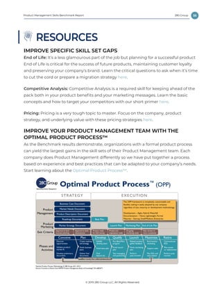 35
© 2019 280 Group LLC, All Rights Reserved.
280 GroupProduct Management Skills Benchmark Report
RESOURCES
IMPROVE SPECIFIC SKILL SET GAPS
End of Life: It’s a less glamourous part of the job but planning for a successful product
End of Life is critical for the success of future products, maintaining customer loyalty
and preserving your company’s brand. Learn the critical questions to ask when it’s time
to cut the cord or prepare a migration strategy here.
Competitive Analysis: Competitive Analysis is a required skill for keeping ahead of the
pack both in your product benefits and your marketing messages. Learn the basic
concepts and how to target your competitors with our short primer here.
Pricing: Pricing is a very tough topic to master. Focus on the company, product
strategy, and underlying value with these pricing strategies here.
IMPROVE YOUR PRODUCT MANAGEMENT TEAM WITH THE
OPTIMAL PRODUCT PROCESS™
As the Benchmark results demonstrate, organizations with a formal product process
can yield the largest gains in the skill sets of their Product Management team. Each
company does Product Management differently so we have put together a process
based on experience and best practices that can be adapted to your company’s needs.
Start learning about the Optimal Product Process™.
 