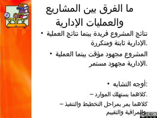 ‫ما الفرق بين المشاريع‬
          ‫والعمليات الدارية‬
   ‫نتائج المشروع فريدة بينما نتائج العملية الدارية •‬
                                        ‫.ثابتة ومتكررة‬
‫المشروع مجهود مؤقت بينما العملية الدارية مجهود •‬
                                             ‫.مستمر‬

                                        ‫:أوجه التشابه •‬
                                    ‫.كلهما يستهلك الموارد –‬
     ‫.كلهما يمر بمراحل التخطيط والتنفيذ والمراقبة والتقييم –‬
 