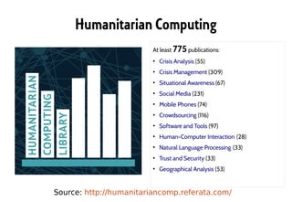 Humanitarian Computing
At least 775publications:
●
Crisis Analysis (55)
●
Crisis Management (309)
●
Situational Awareness (67)
●
Social Media (231)
●
Mobile Phones (74)
●
Crowdsourcing (116)
●
Software and Tools (97)
●
Human-Computer Interaction (28) 
●
Natural Language Processing (33) 
●
Trust and Security (33)
●
Geographical Analysis (53)
Source: http://humanitariancomp.referata.com/
 