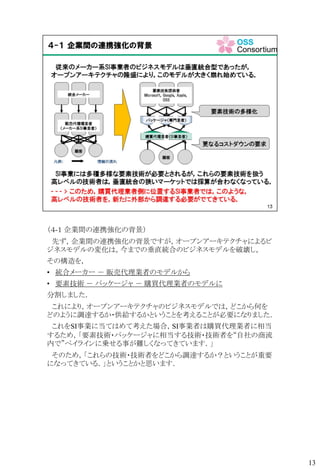 （４-１ 企業間の連携強化の背景）
先ず，企業間の連携強化の背景ですが，オープンアーキテクチャによるビ
ジネスモデルの変化は，今までの垂直統合のビジネスモデルを破壊し，
その構造を，
• 統合メーカー － 販売代理業者のモデルから
• 要素技術 － パッケージャ － 購買代理業者のモデルに
分割しました．
これにより，オープンアーキテクチャのビジネスモデルでは，どこから何を
どのように調達するか・供給するかということを考えることが必要になりました．
これをSI事業に当てはめて考えた場合，SI事業者は購買代理業者に相当
するため，「要素技術・パッケージャに相当する技術・技術者を“自社の商流
内で”ペイラインに乗せる事が難しくなってきています．」
そのため，「これらの技術・技術者をどこから調達するか？ということが重要
になってきている．」ということかと思います．
13
 