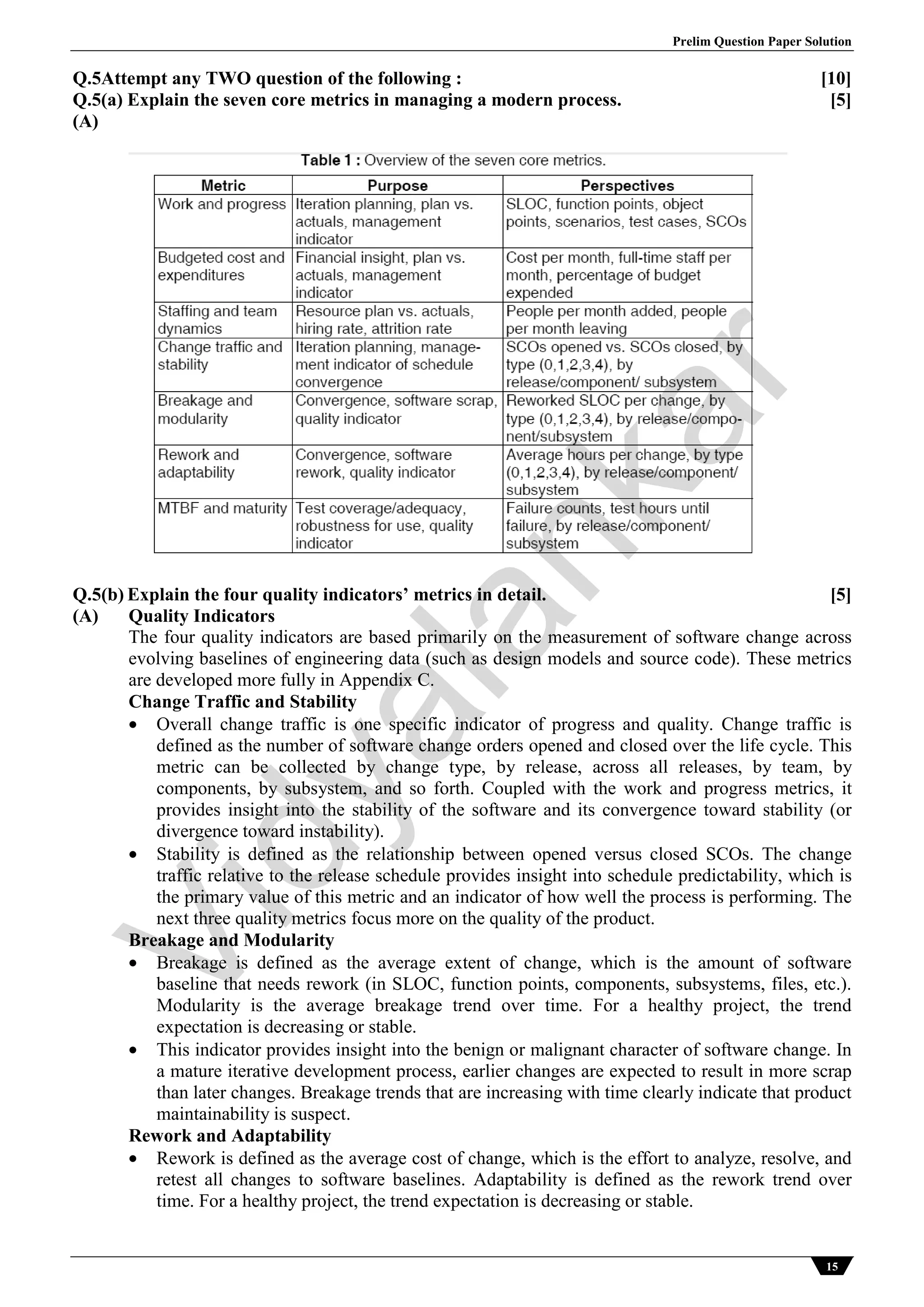 Prelim Question Paper Solution
15
Q.5Attempt any TWO question of the following : [10]
Q.5(a) Explain the seven core metrics in managing a modern process. [5]
(A)
Q.5(b) Explain the four quality indicators’ metrics in detail. [5]
(A) Quality Indicators
The four quality indicators are based primarily on the measurement of software change across
evolving baselines of engineering data (such as design models and source code). These metrics
are developed more fully in Appendix C.
Change Traffic and Stability
 Overall change traffic is one specific indicator of progress and quality. Change traffic is
defined as the number of software change orders opened and closed over the life cycle. This
metric can be collected by change type, by release, across all releases, by team, by
components, by subsystem, and so forth. Coupled with the work and progress metrics, it
provides insight into the stability of the software and its convergence toward stability (or
divergence toward instability).
 Stability is defined as the relationship between opened versus closed SCOs. The change
traffic relative to the release schedule provides insight into schedule predictability, which is
the primary value of this metric and an indicator of how well the process is performing. The
next three quality metrics focus more on the quality of the product.
Breakage and Modularity
 Breakage is defined as the average extent of change, which is the amount of software
baseline that needs rework (in SLOC, function points, components, subsystems, files, etc.).
Modularity is the average breakage trend over time. For a healthy project, the trend
expectation is decreasing or stable.
 This indicator provides insight into the benign or malignant character of software change. In
a mature iterative development process, earlier changes are expected to result in more scrap
than later changes. Breakage trends that are increasing with time clearly indicate that product
maintainability is suspect.
Rework and Adaptability
 Rework is defined as the average cost of change, which is the effort to analyze, resolve, and
retest all changes to software baselines. Adaptability is defined as the rework trend over
time. For a healthy project, the trend expectation is decreasing or stable.
Vidyalankar
 