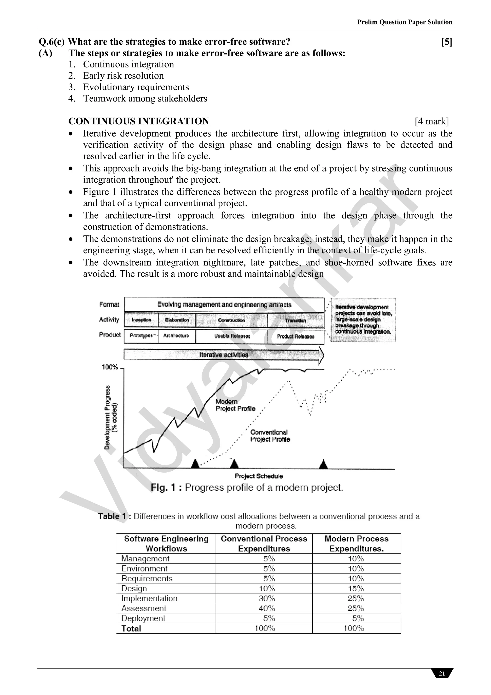 Prelim Question Paper Solution
21
Q.6(c) What are the strategies to make error-free software? [5]
(A) The steps or strategies to make error-free software are as follows:
1. Continuous integration
2. Early risk resolution
3. Evolutionary requirements
4. Teamwork among stakeholders
CONTINUOUS INTEGRATION [4 mark]
 Iterative development produces the architecture first, allowing integration to occur as the
verification activity of the design phase and enabling design flaws to be detected and
resolved earlier in the life cycle.
 This approach avoids the big-bang integration at the end of a project by stressing continuous
integration throughout' the project.
 Figure 1 illustrates the differences between the progress profile of a healthy modern project
and that of a typical conventional project.
 The architecture-first approach forces integration into the design phase through the
construction of demonstrations.
 The demonstrations do not eliminate the design breakage; instead, they make it happen in the
engineering stage, when it can be resolved efficiently in the context of life-cycle goals.
 The downstream integration nightmare, late patches, and shoe-horned software fixes are
avoided. The result is a more robust and maintainable design
Vidyalankar
 
